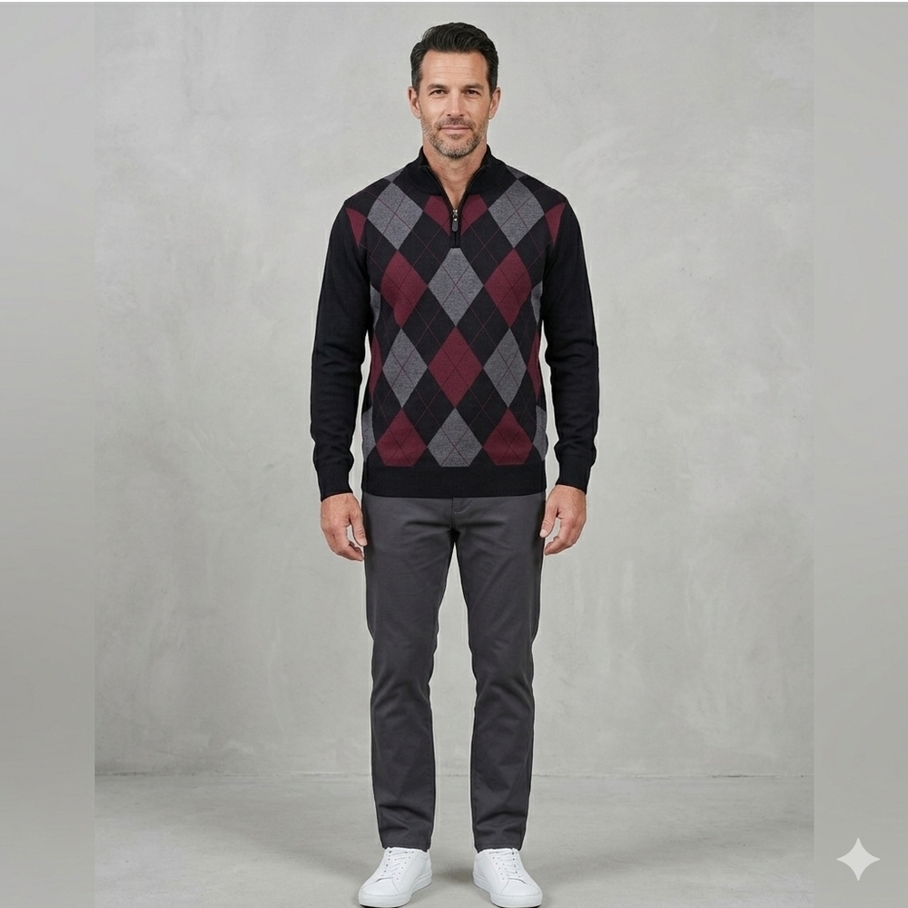 Studio by Omega Men's NWT Black Argyle Quarter Zip Pullover Sweater Size Small